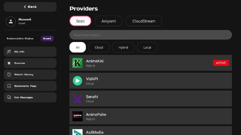 Sozo on desktop — providers & sources